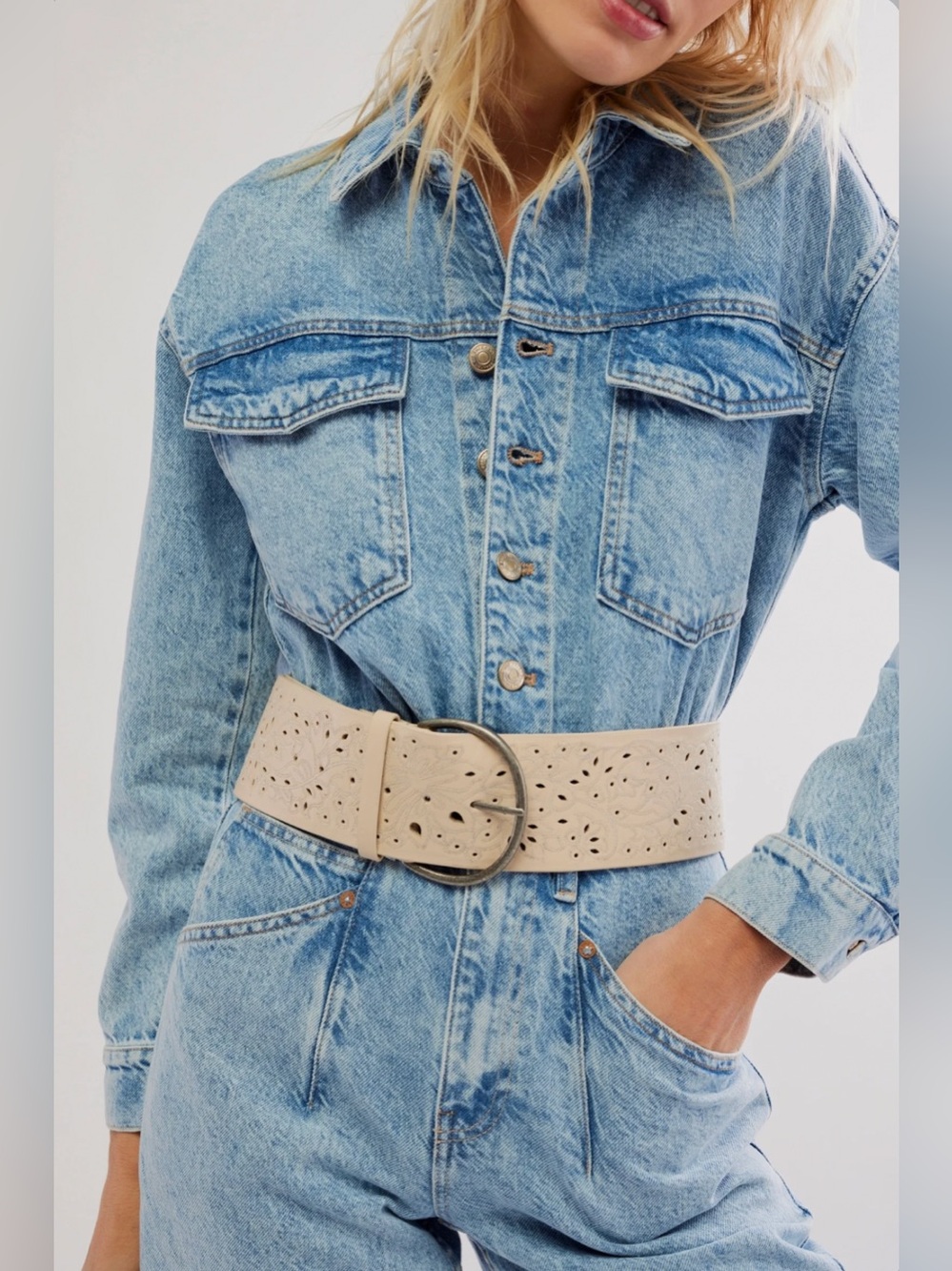 Free People Laurel Hip Belt Sand Dune Leather Embroidered S/M